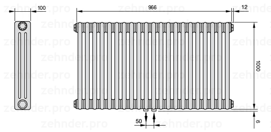 Схема (чертеж) Радиатор Zehnder Charleston 3100/21 №5410 Белый глянцевый RAL 9016